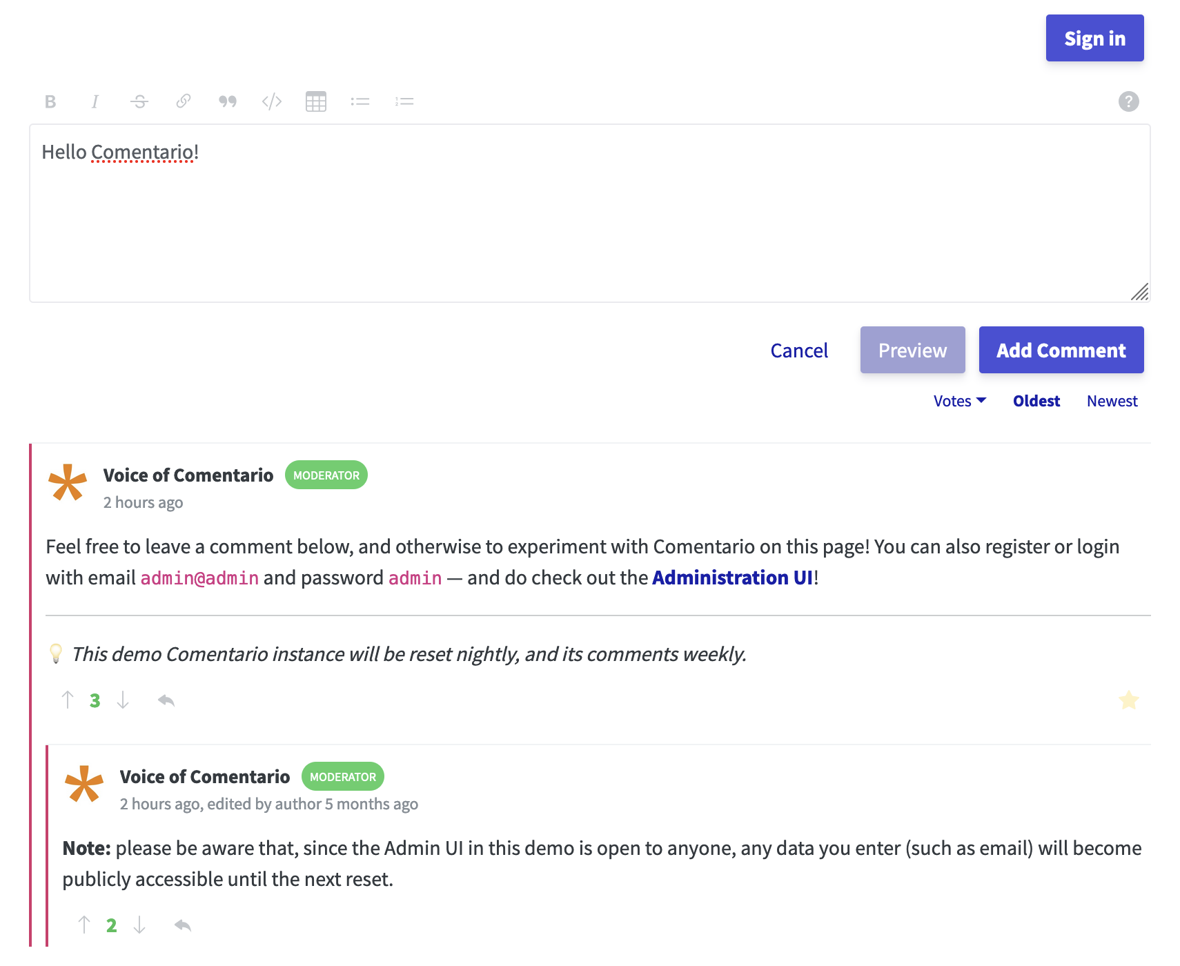 Screenshot of Comentario demo.