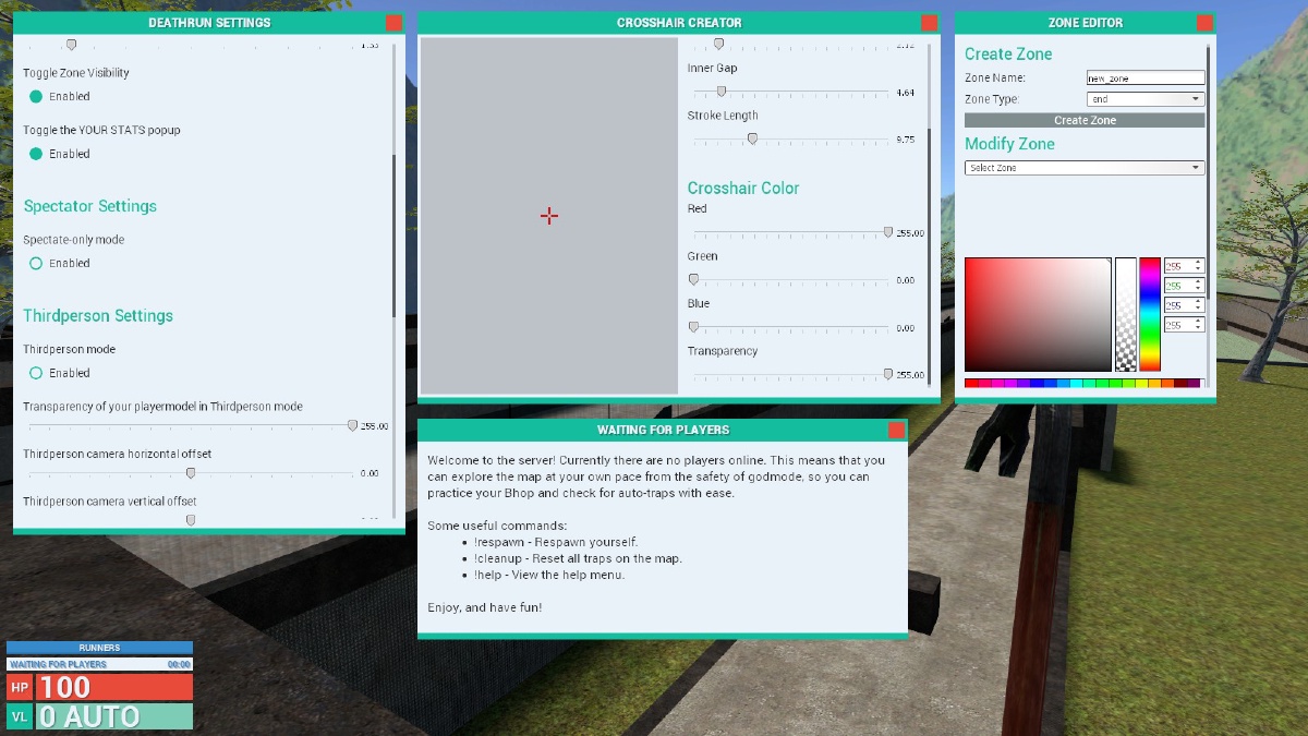 Settings pane, crosshair customisation pane, zone editor pane, and spectator splash pane.