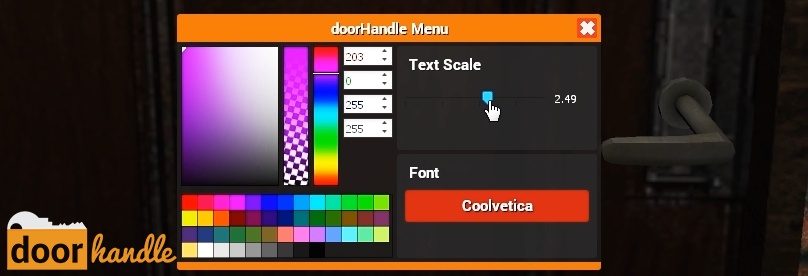 doorHandle label customisation pane, where players customise the font and colour of door signs.