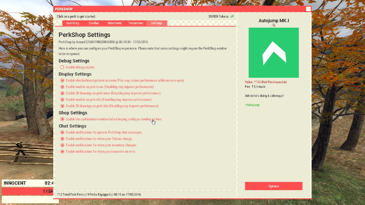 PerkShop settings pane.