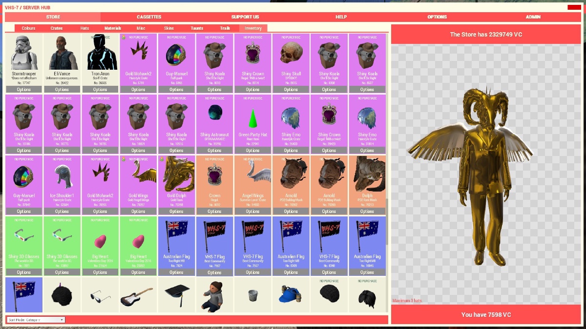 RedactedHub inventory pane, where players can manage their in-game belongings.