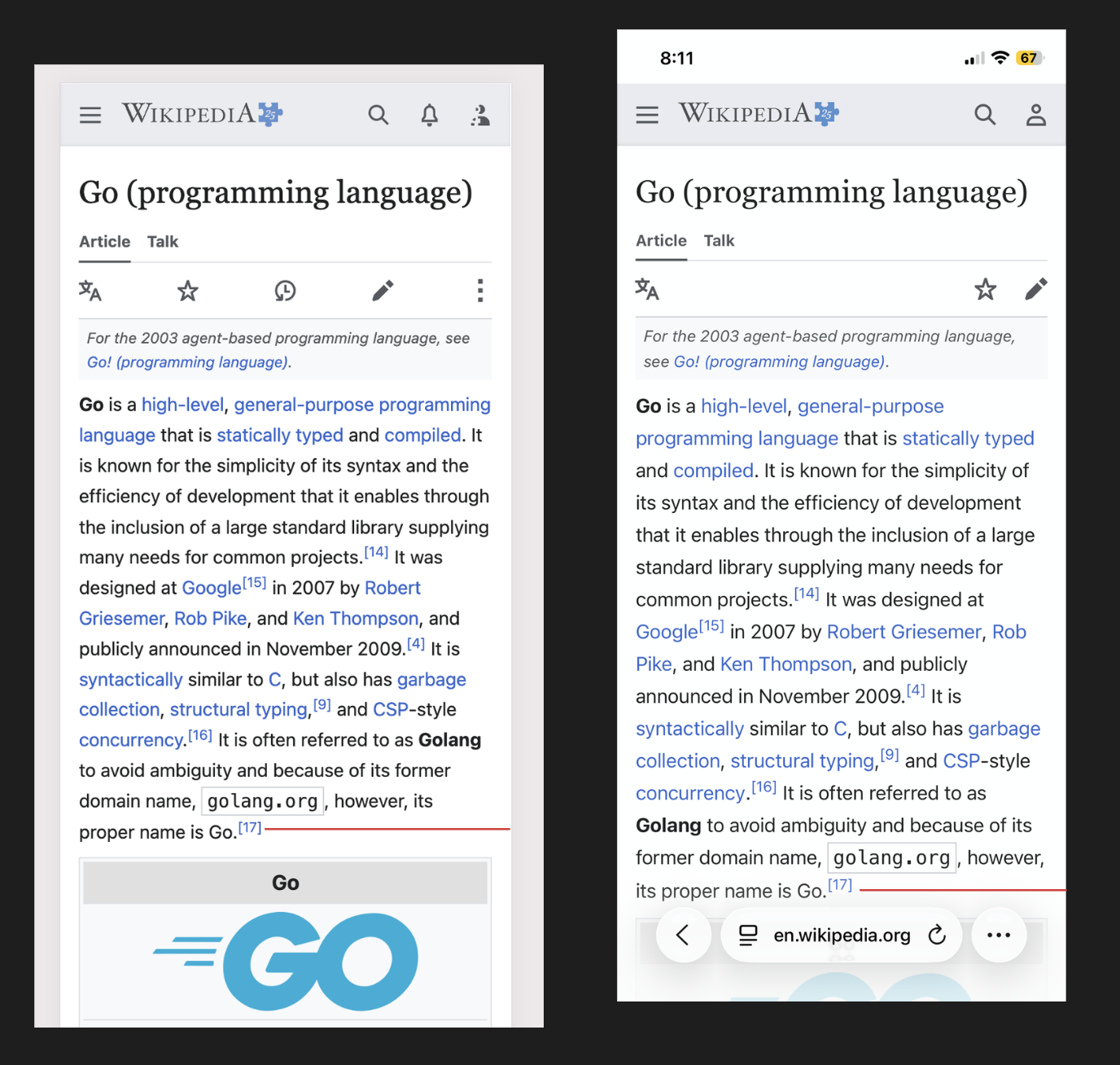 Side by side screenshots of the Wikipedia page for the Go programming language. macOS on left, iOS on right.