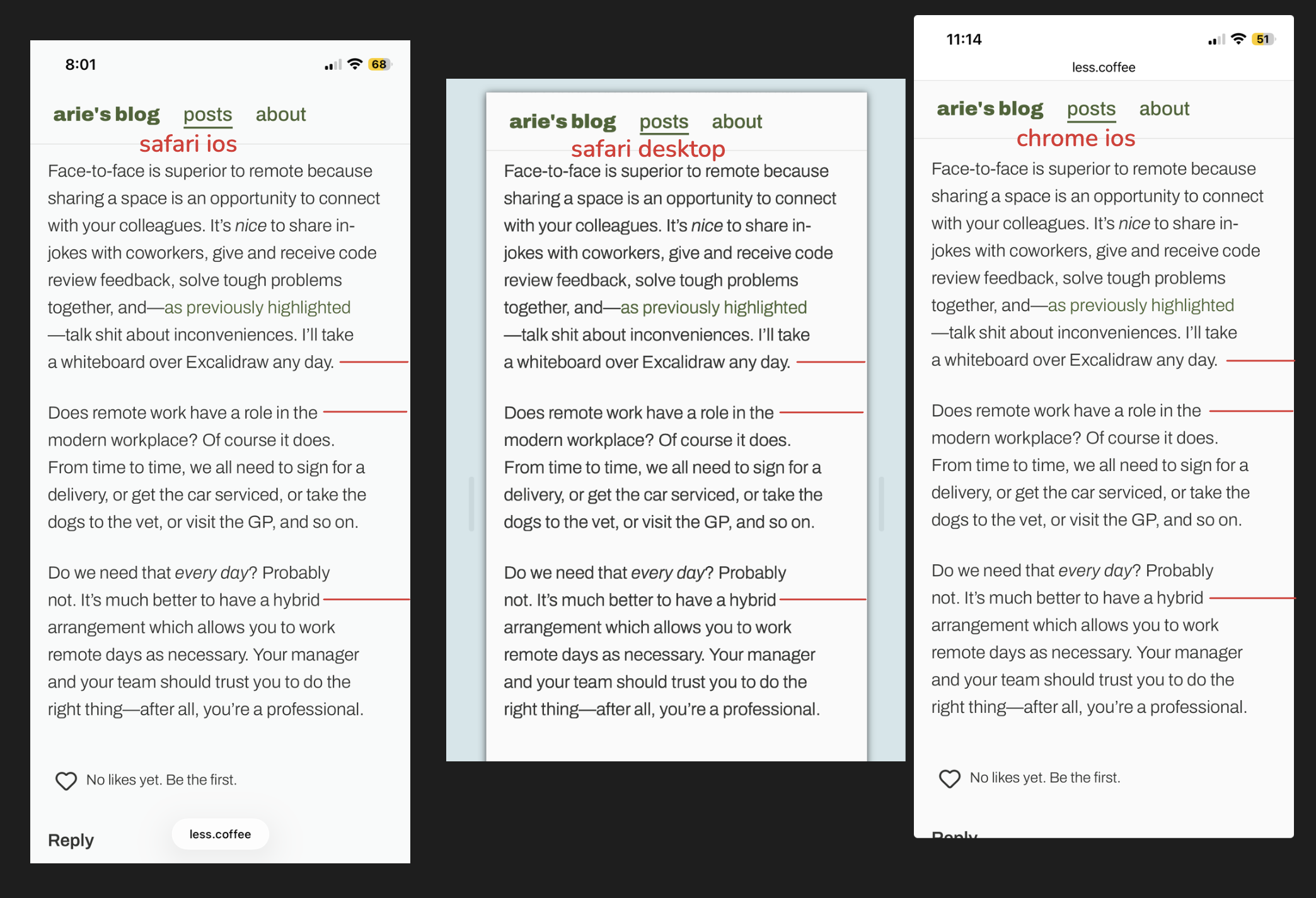 Safari desktop, Safari iOS, and Chrome iOS all wrap text the same way