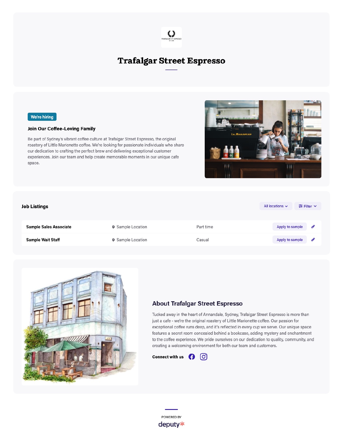 Trafalgar Street Espresso’s auto-generated careers page.