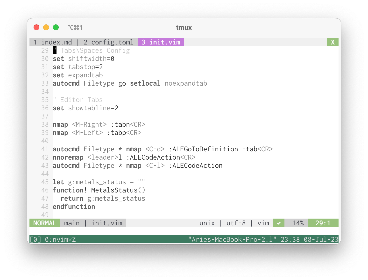 Screenshot of iterm2 running Neovim with endarkened mono colour theme