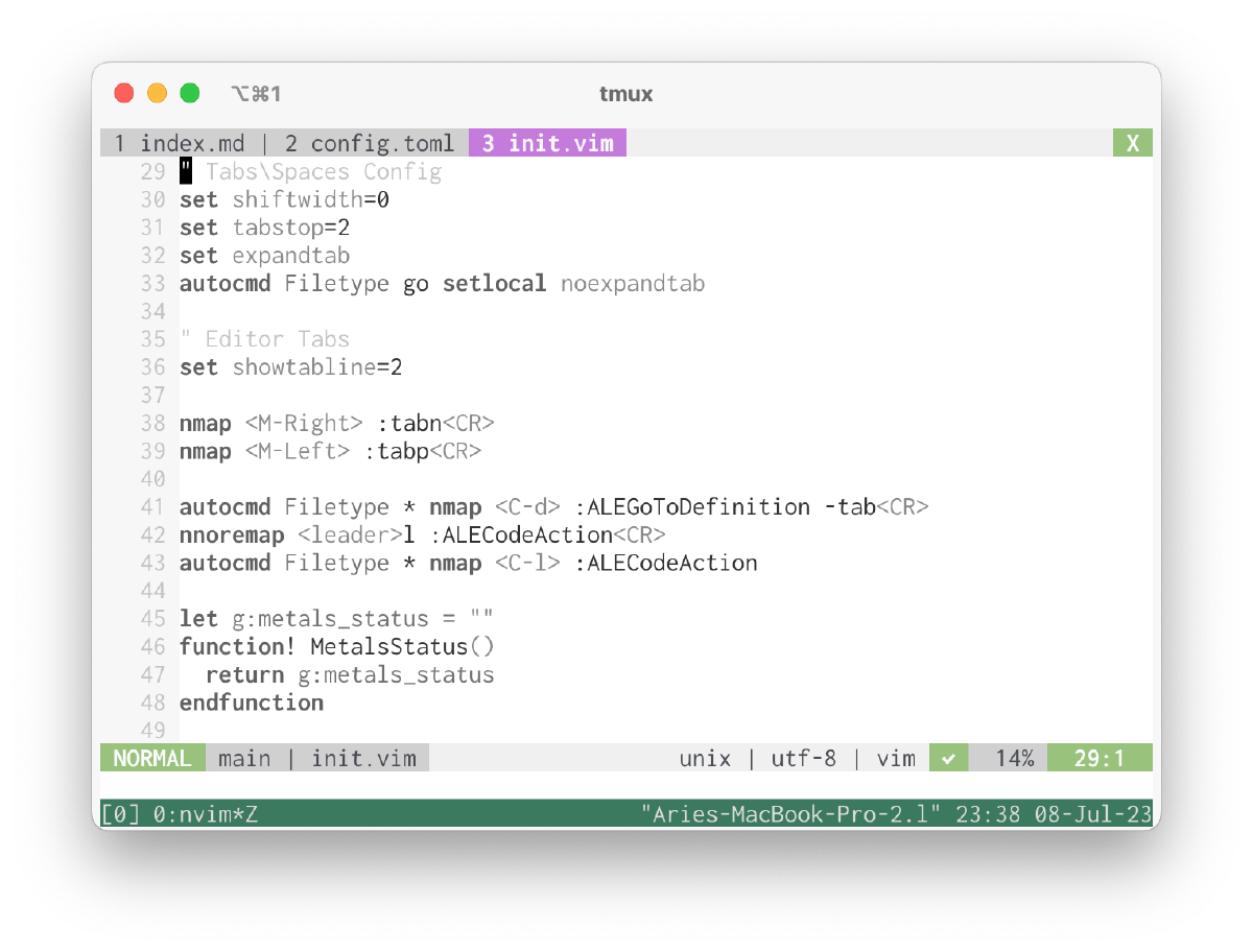 Screenshot of iterm2 running Neovim with endarkened mono colour theme