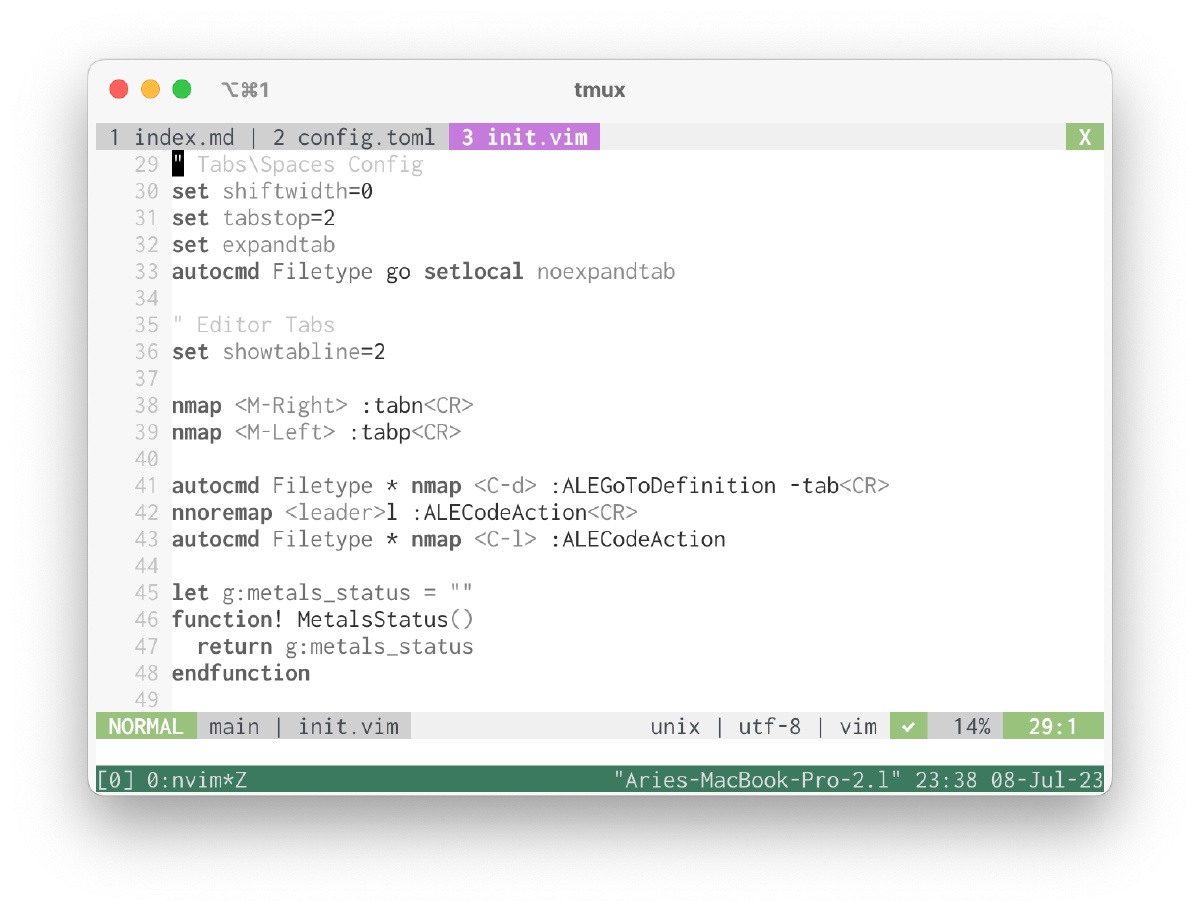 Screenshot of iterm2 running Neovim with endarkened mono colour theme