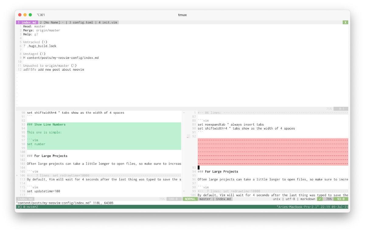 screenshot of large neovim window showing the fugitive window at the top, and a diff view below