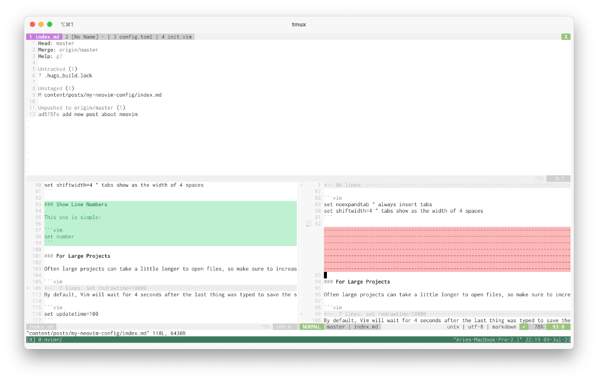 screenshot of large neovim window showing the fugitive window at the top, and a diff view below