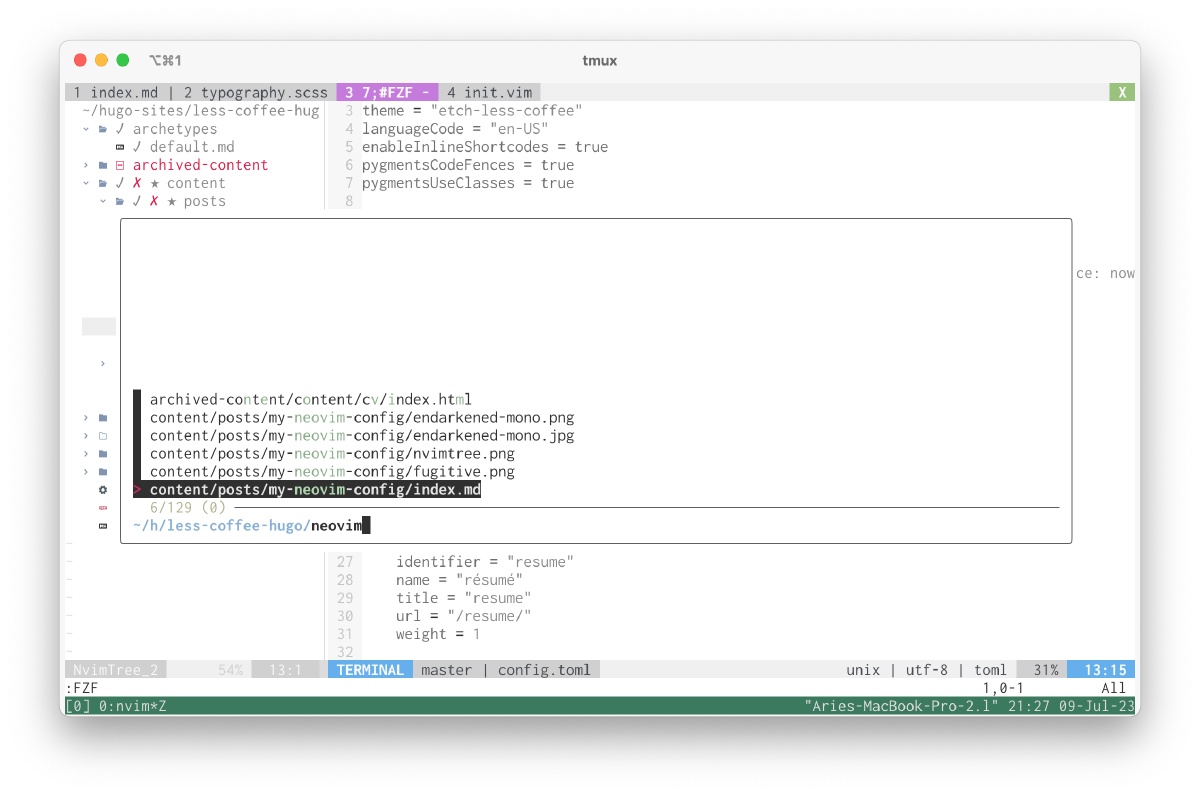 screenshot of neovim with FZF modal open, searching for “neovim”