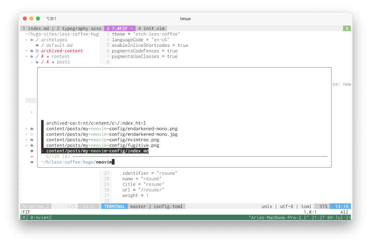 screenshot of neovim with FZF modal open, searching for “neovim”